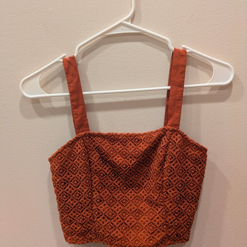 Crochet detailed burnt orange cropped tank